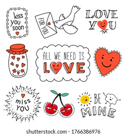Set on the theme of love. Hearts, bird, cherries, the sun with a cloud. Valentine's Day.