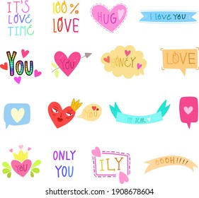 Set on the theme of love, romance, February 14, Valentine's Day. Design elements, white background. Inscriptions. Cute cartoon style. Scandinavian. Clip art, advertising, stickers.