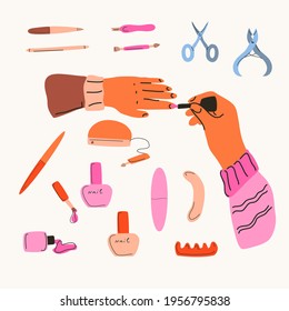 Un conjunto sobre el tema de la manicura con manos y herramientas al estilo del doodle.