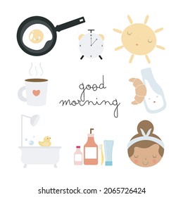 A set on the theme of the morning routine, including alarm clock, coffee, sun, eggs, bathroom, croissant, milk, care cosmetics. Vector illustration in cartoon style.