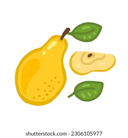 a set on the theme of pears. Yellow whole pear, piece and leaf isolated on white background