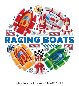 Set on the theme of racing boats. Isolated on white background. Vector illustration.