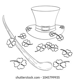 Set on the theme of Saint Patric Day. The gnome hat, clover, cane or trole. Imitation comic style vector illustration. Object on a white background Coloring book
