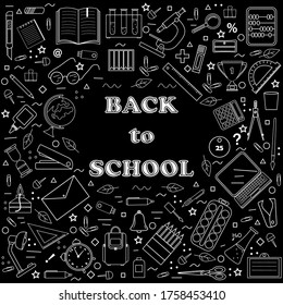 set on the theme of school supplies and stationery, made a white outline on black in the style of Doodle, vector illustration, background, design