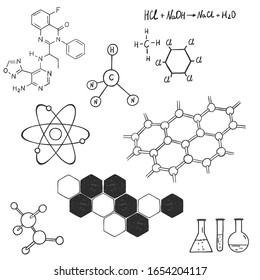 Set on the theme of science and chemistry. Structure of the DNA molecule, atoms, molecular structure. Black outline on a white background. Vector illustration in sketch style. Hand-drawn.
