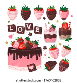 Set on the theme of strawberry and chocolate: strawberry cake, strawberry in chocolate, the letters "love" on chocolate, desserts in bowls. Vector flat illustration on a white background isolated.
