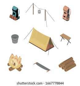 Set on the theme of tourism and hiking. Tent. Bonfire. Backpack. Objects for travel. Isometric style. Pastel shades. Isolated on white background vector illustration.