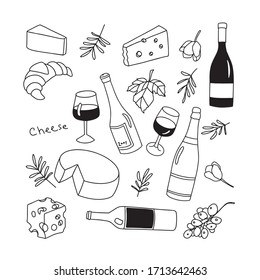 Set on the theme "Wine and Cheese". Freehand linear doodle style. Wine bottles, cheese, grapes, flowers, croissant, glasses.Isolated on white, vector.For printing on fabric, banners, icons and logo.