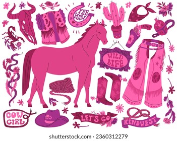 Set on the theme of women in the wild west. Cowgirl accessories and attributes. Bright pink shades and fashionable style. Lettering in trendy style. Vector illustration isolated on a dark background.