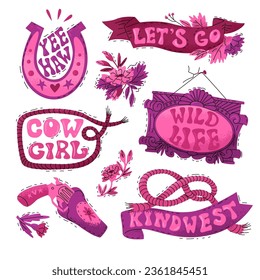 Set on the theme of women in the wild west. Bright pink shades and fashionable style. Lettering in trendy style. Vector illustration isolated on a dark background. Motivational phrases in English. 