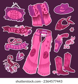 Set on the theme of women in the wild west. Cowgirl accessories and attributes. Bright pink shades and fashionable style. Lettering in trendy style. Vector illustration isolated on a dark background.