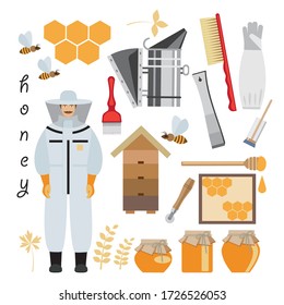 set on the topic of beekeeping. beekeeper's tools, a man in special clothes, a hive and bees. a drawing in the style of the cartoon. stock vector illustration. EPS 10.