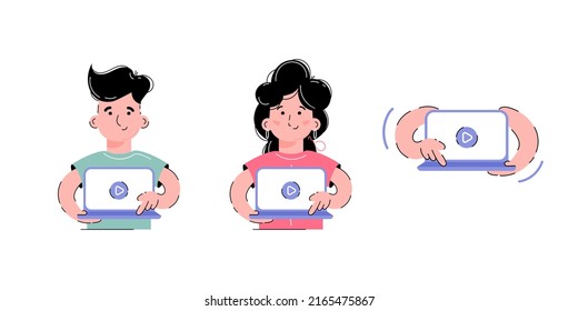 Set on the topic of presentations. A girl and a boy are holding a computer, a laptop in their hands.