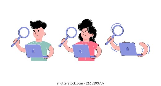 Set on the topic of search. A girl and a boy are holding a magnifying glass and a computer, a laptop in their hands.