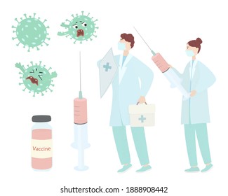 Set on the topic of vaccination against coronavirus infection. Female doctor with syringe. Male doctor with shield protects against coronavirus. Ampoule with vaccine. Vector flat illustration.