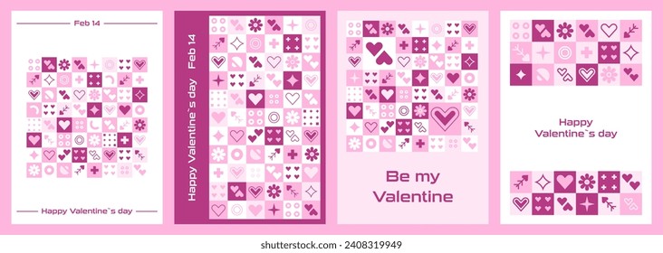 Set on Valentine's Day posters with geometric tile patterns. Simple forms in cages, flowers, hearts, arrows, circles. Mosaic design. Checkered elements on cards and banners with greeting text.
