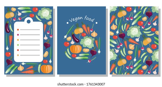 set on a vegetable theme, three options in the format of a postcard-frame, background, card. it can be used for vegetarian menu design. the flat pattern. stock vector illustration. EPS 10.
