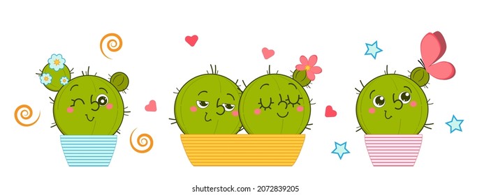 ambientado en fondo blanco con adorables cactus pintados graciosos, ilustración vectorial, nuevo patrón, lindos personajes de dibujos animados plantas, mascotas