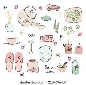  Set on white background. Beauty treatment. Natural beauty. Girl facial treatment and Skin care. Vector illustration