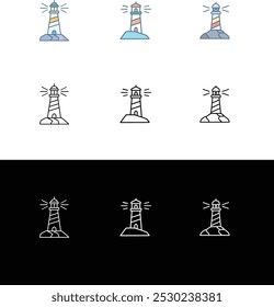 Set on white background lighthouse on rock