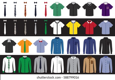 set on a white and black background of children's and adult shirts with short and long sleeves, neckties