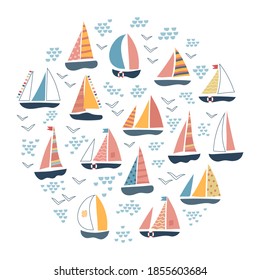 Set on white with sailing ships and boats. Yachting theme. Ocean seagulls flying around. Nordic colors, scandinavian design. Simple nordic collection. Sea regatta. Round composition isolated.