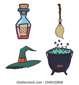 Set on witch theme - broom, poison bottle, cauldron, hat in cartoon style. Holiday night party decoration. Autumn vector illustration.