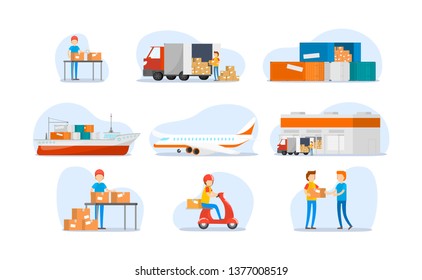 Set on worldwide shipping, heavy transport, delivery and logistics in business and industry with warehouse, trucks, airplane, railway and seaway cargo ship. Isolated on white
