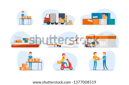 Set on worldwide shipping, heavy transport, delivery and logistics in business and industry with warehouse, trucks, airplane, railway and seaway cargo ship. Isolated on white