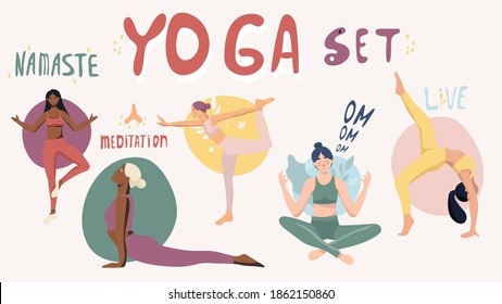 set on yoga and meditation. women doing yoga in different poses