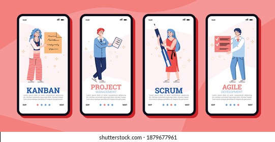 Set of onboarding application pages for scrum, agile and kanban method technology of project development and workflow management, cartoon vector illustration.