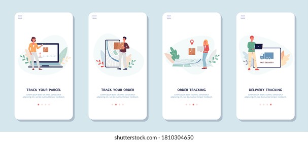 Conjunto de diseños incorporados para aplicaciones de seguimiento de entregas con personajes de dibujos animados rastreando paquetes y pedidos desde tienda online, ilustración vectorial plana.