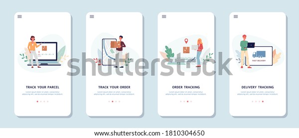 Set of onboarding designs for\
delivery tracking application with people cartoon characters\
tracking parcels and order from online store, flat vector\
illustration.
