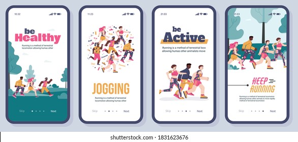 Set of onboarding screen layouts for running and jogging trainings, flat cartoon vector illustration. Sport fitness application page template with running people.