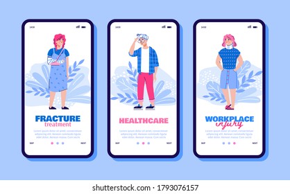 Set of onboarding screens of healthcare apps for fracture and workplace injury treatment and insurance with cartoon people, flat vector illustration on white background.