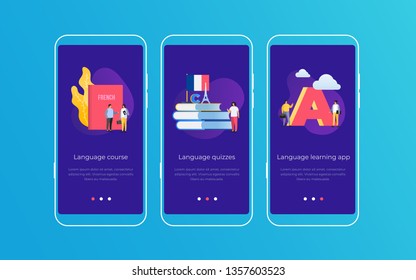 Set of onboarding screens for mobile apps. Banners with people learning foreign languages. The concept of international communication.  Mobile UI UX app interface template. Vector illustration.