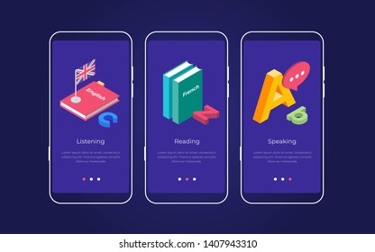 Set of onboarding screens for mobile apps. Banners with letters of the Latin alphabet and books for learning a foreign language. Mobile UI UX app interface template. Vector illustration.