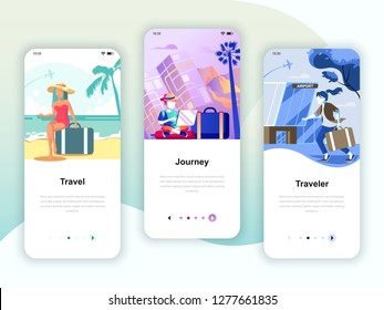 Set of onboarding screens user interface kit for Travel, Journey, Traveler, mobile app templates concept. Modern UX, UI screen for mobile or responsive web site. Vector illustration.