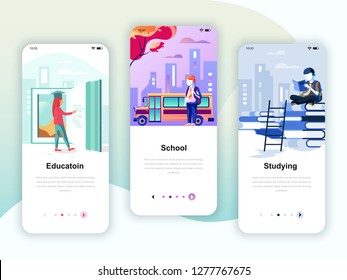 Set of onboarding screens user interface kit for Education, School, Studying, mobile app templates concept. Modern UX, UI screen template for mobile phone or responsive web site. Vector illustration.