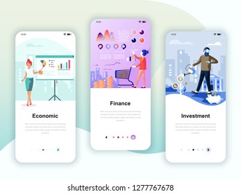 Set of onboarding screens user interface kit for Economics, Finance, Investment, mobile app templates concept. Modern UX, UI screen template for mobile or responsive web site. Vector illustration.