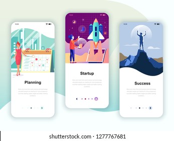 Set of onboarding screens user interface kit for Planning, Startup, Success, mobile app templates concept. Modern UX, UI screen for mobile or responsive web site. Vector illustration.