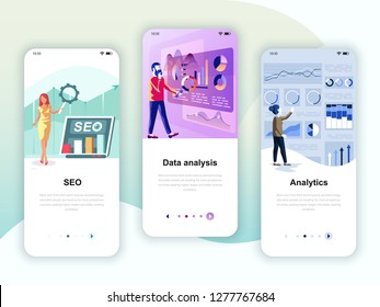Set of onboarding screens user interface kit for SEO, Data Analysis, Analytics, mobile app templates concept. Modern UX, UI screen template for mobile or responsive web site. Vector illustration.