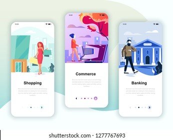 Set of onboarding screens user interface kit for Shopping, E-commerce, Banking, mobile app templates concept. Modern UX, UI screen template for mobile or responsive web site. Vector illustration.