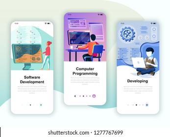 Set of onboarding screens user interface kit for Development, Programming, Developing, mobile app templates concept. Modern UX, UI screen for mobile or responsive web site. Vector illustration.