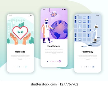 Set of onboarding screens user interface kit for Medicine, Healthcare, Pharmacy, mobile app templates concept. Modern UX, UI screen template for mobile or responsive web site. Vector illustration.