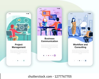 Set of onboarding screens user interface kit for Management, Communication, Workflow, mobile app templates concept. Modern UX, UI screen for mobile or responsive web site. Vector illustration.