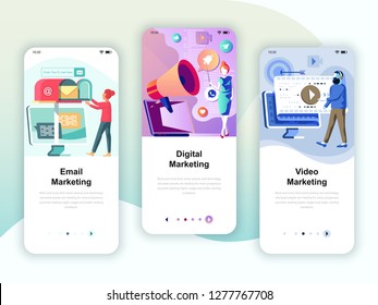 Set von Onboarding Screens Benutzerschnittstellen-Kit für Video, E-Mail, Digital Marketing, Mobile App Templates Konzept. Modernes UX, UI-Bildschirm für mobile oder reaktionsfähige Web-Site.  Vektorgrafik.