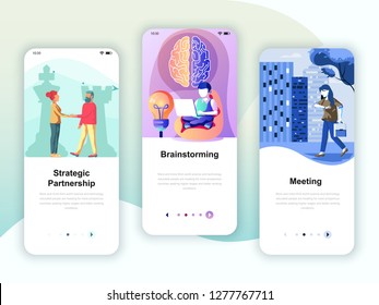 Set of onboarding screens user interface kit for Partnership, Brainstorming, Meeting, mobile app templates concept. Modern UX, UI screen for mobile or responsive web site. Vector illustration.