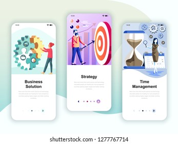 Set of onboarding screens user interface kit for Solution, Strategy, Time Management, mobile app templates concept. Modern UX, UI screen for mobile or responsive web site. Vector illustration.