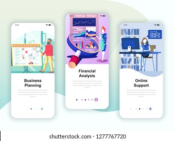 Set of onboarding screens user interface kit for Planning, Financial Analysis, Support, mobile app templates concept. Modern UX, UI screen for mobile or responsive web site. Vector illustration.